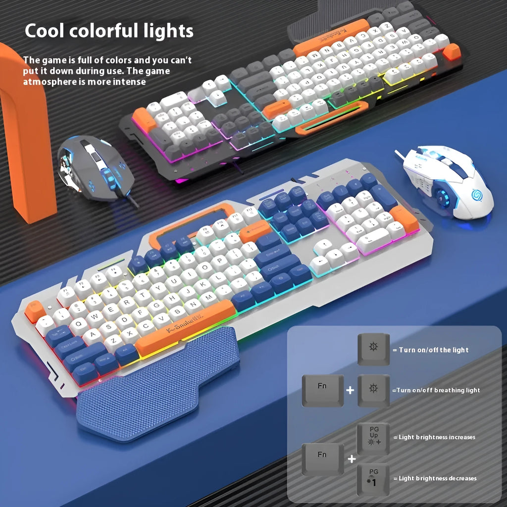 Blue wired gaming keyboard and photoelectric mouse set on a desk with backlit keys visible.