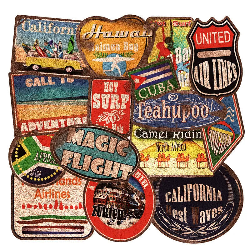 Set of 36 large retro-themed beach stickers featuring surfboards, seashells, and palm trees on a matte PVC sheet.