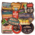 Set of 36 large retro-themed beach stickers featuring surfboards, seashells, and palm trees on a matte PVC sheet.