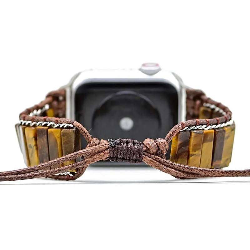 Rectangular tiger eye stone chain on an adjustable textile men's watch strap bracelet