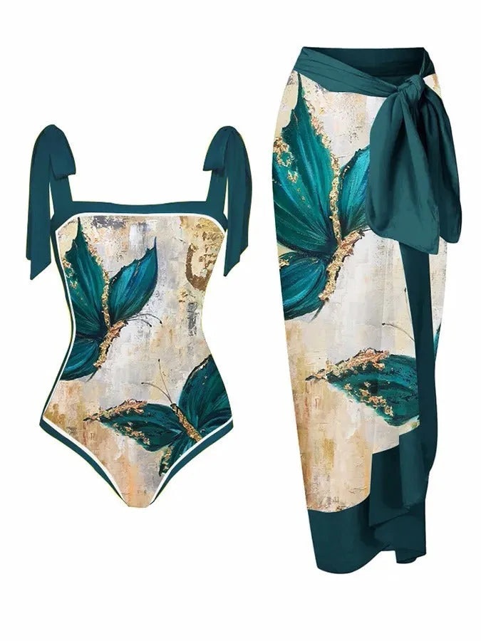 Women's printed floral two-piece swimsuit with chiffon hip skirt in multiple colour options