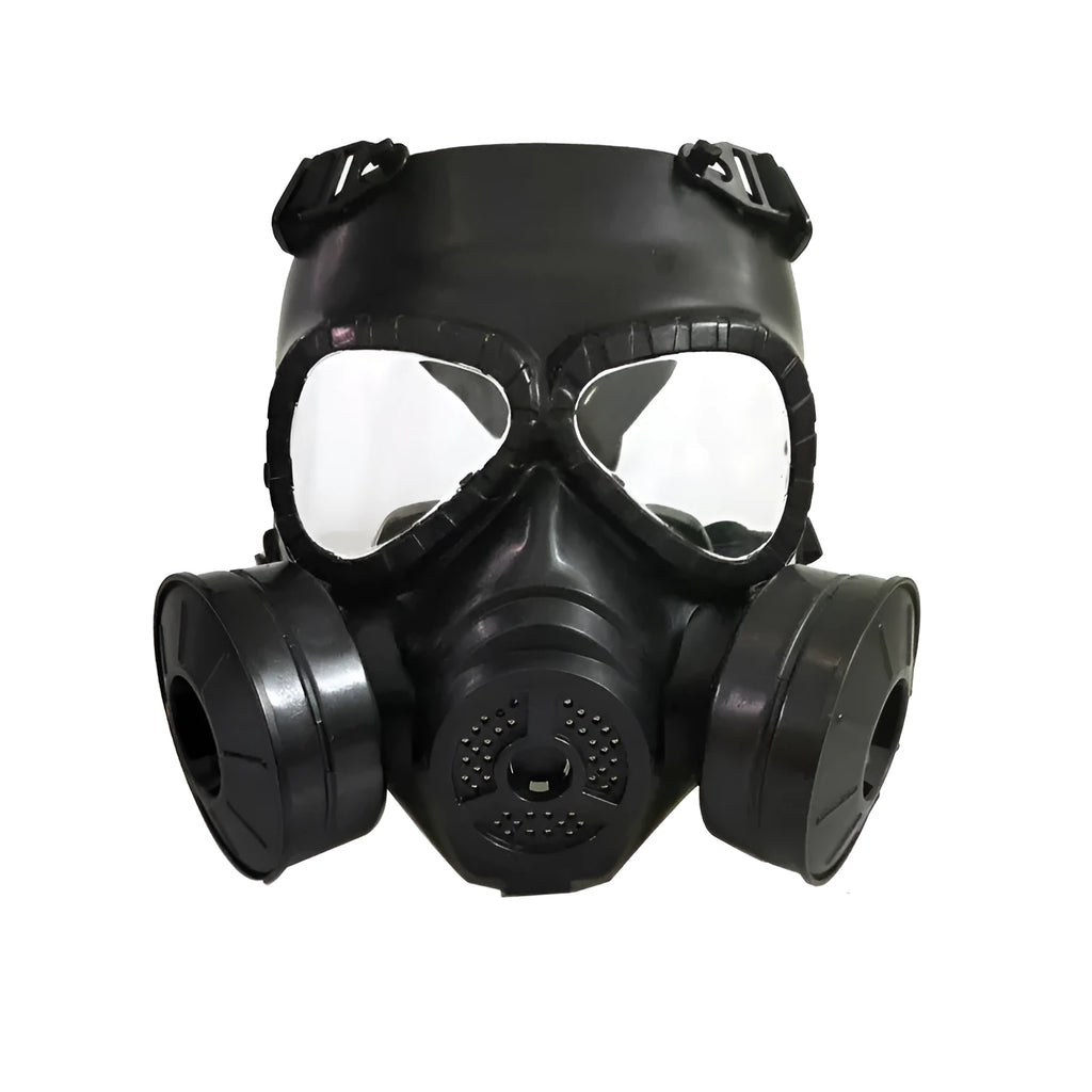 Outdoor anti-virus twin fan mask in black with transparent lens, head-mounted TPR design