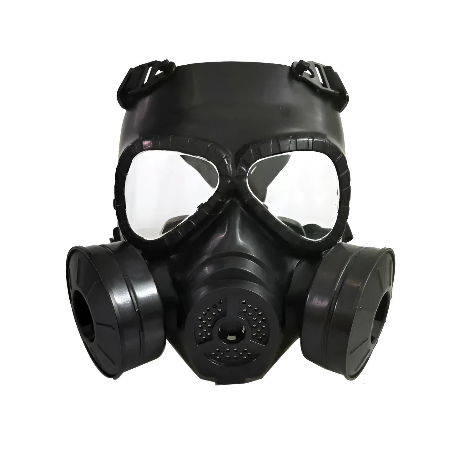 Outdoor anti-virus twin fan mask in black with transparent lens, head-mounted TPR design