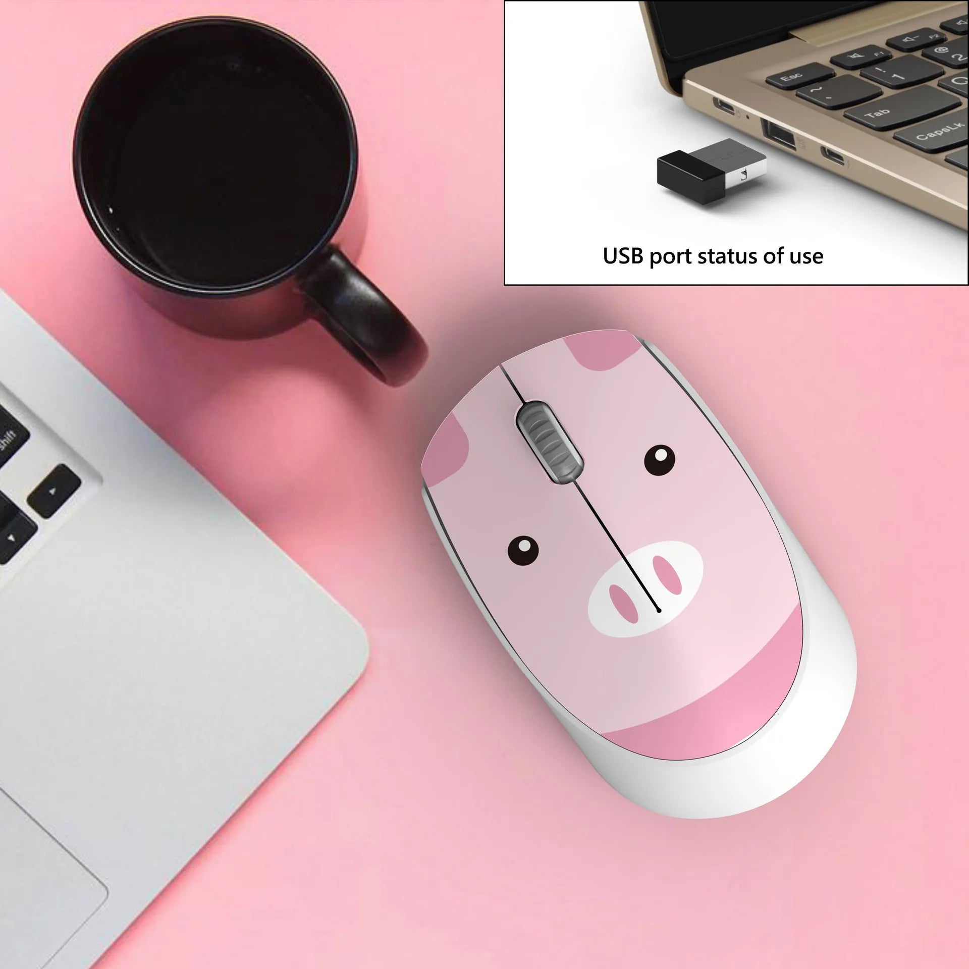 Wireless cartoon animal mini mouse in blue rabbit design beside laptop