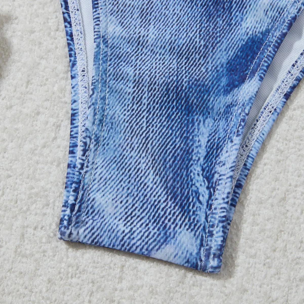 Women's denim printed bikini set with strap design in denim blue colour