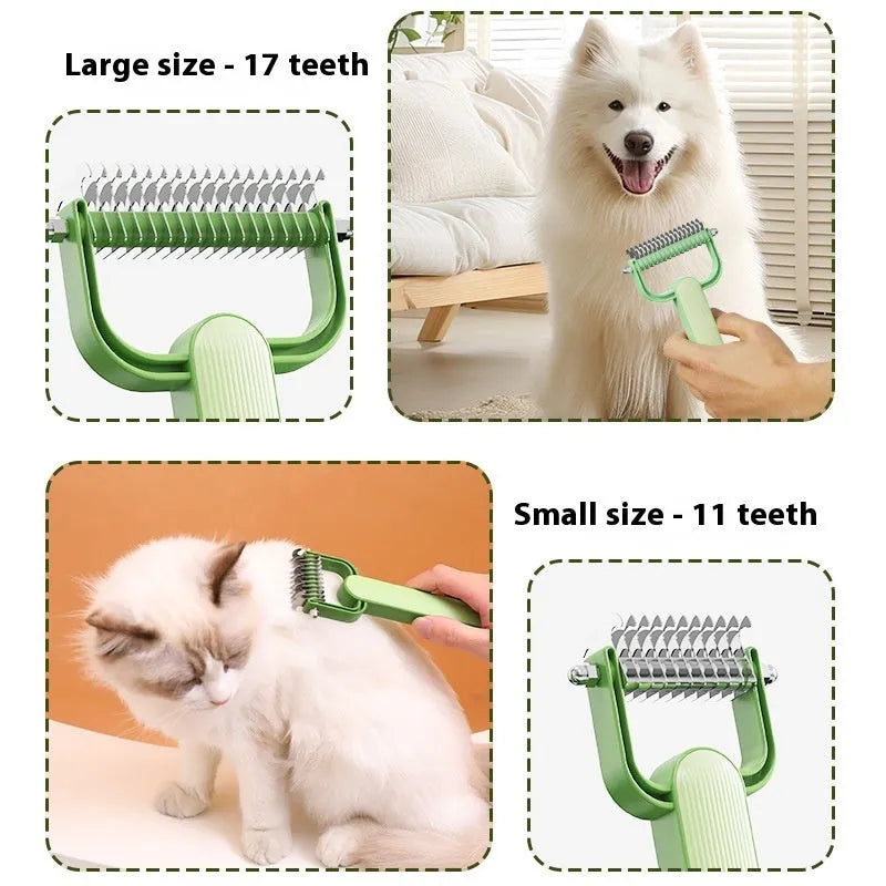 Green and grey dog de-matting combs showing large and small sizes with stainless steel teeth.
