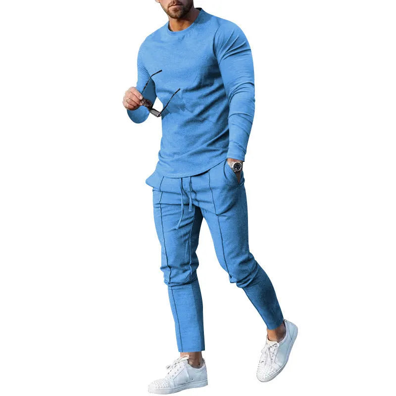 Men's light grey polyester two-piece suit with round-neck long sleeve T-shirt and trousers