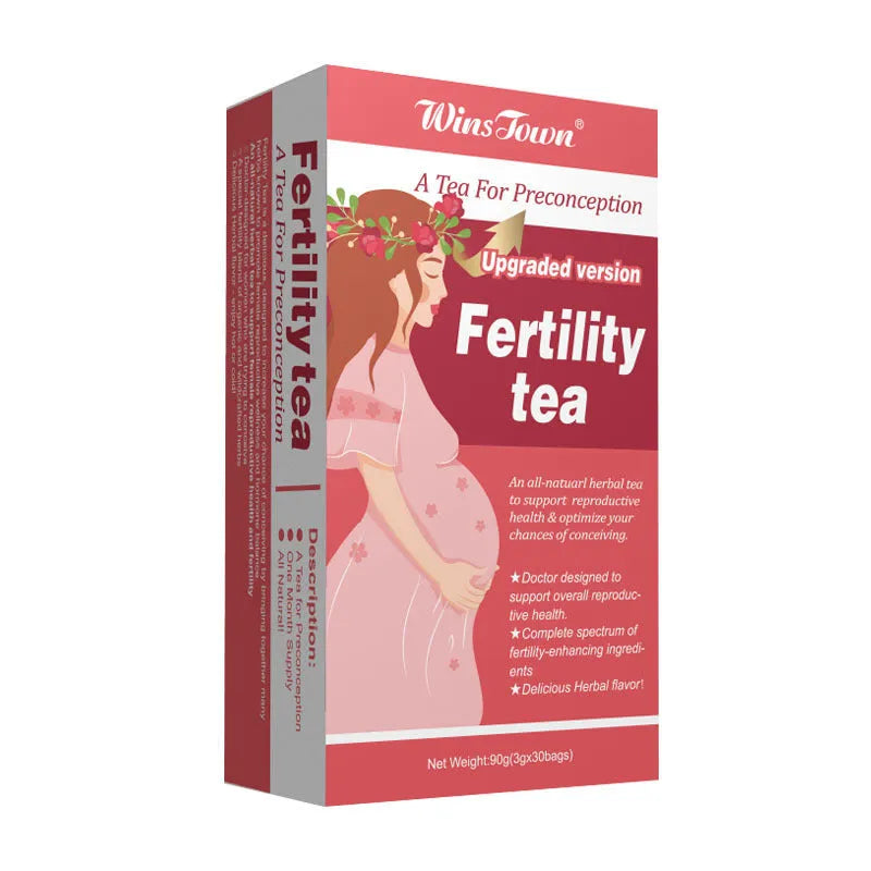Box of fertility tea containing 3 packs with 330 herbal tea bags for preconception support