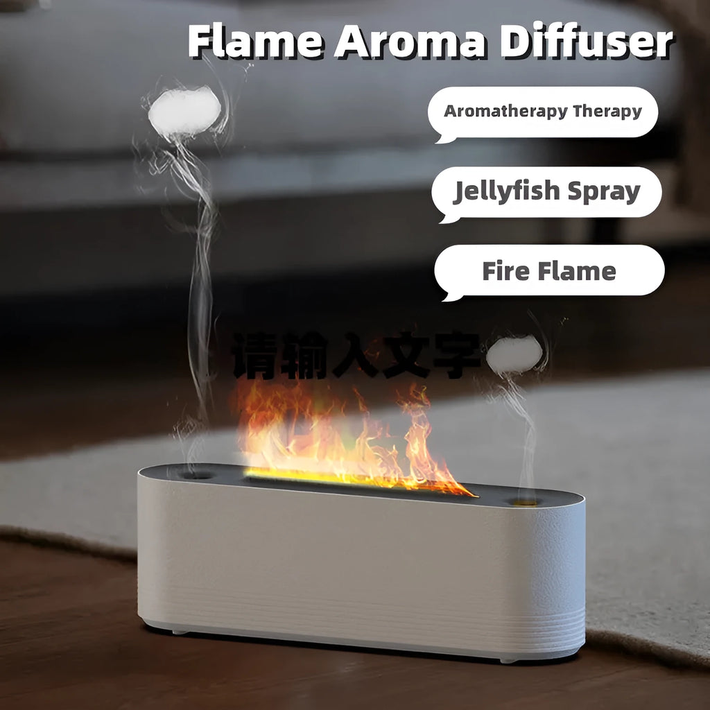 Black and white ultrasonic flame air humidifier and aroma diffuser with LED lights on a table.