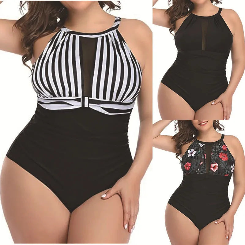 Women's lace detailed one-piece swimsuit in black, stripes, or red flower pattern
