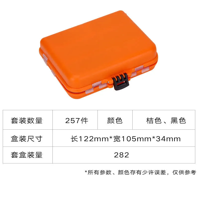 Weihe 257-piece fishing lure accessory set in orange ABS storage box with texas rig components