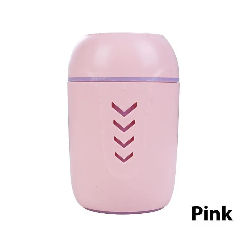 Round portable air purifier in white, pink or blue with USB cable for desktop or vehicle use