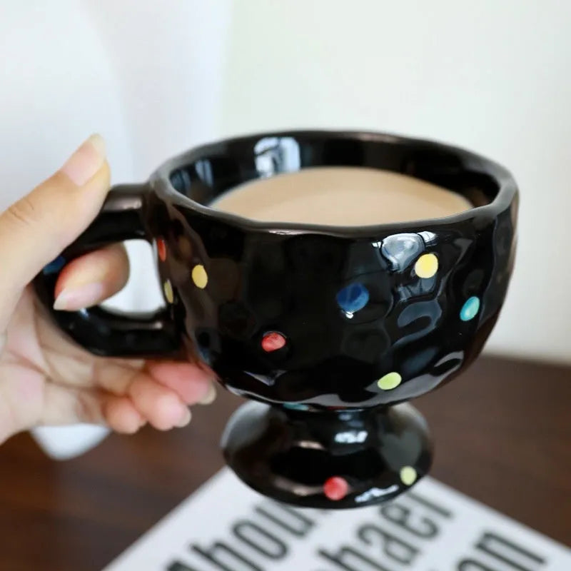 Irregular handmade ceramic mug in solid colour with approximately 250ml capacity