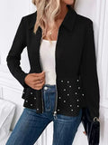 Women's black spandex coat with beaded heavy-duty zipper and ruffled hem detail