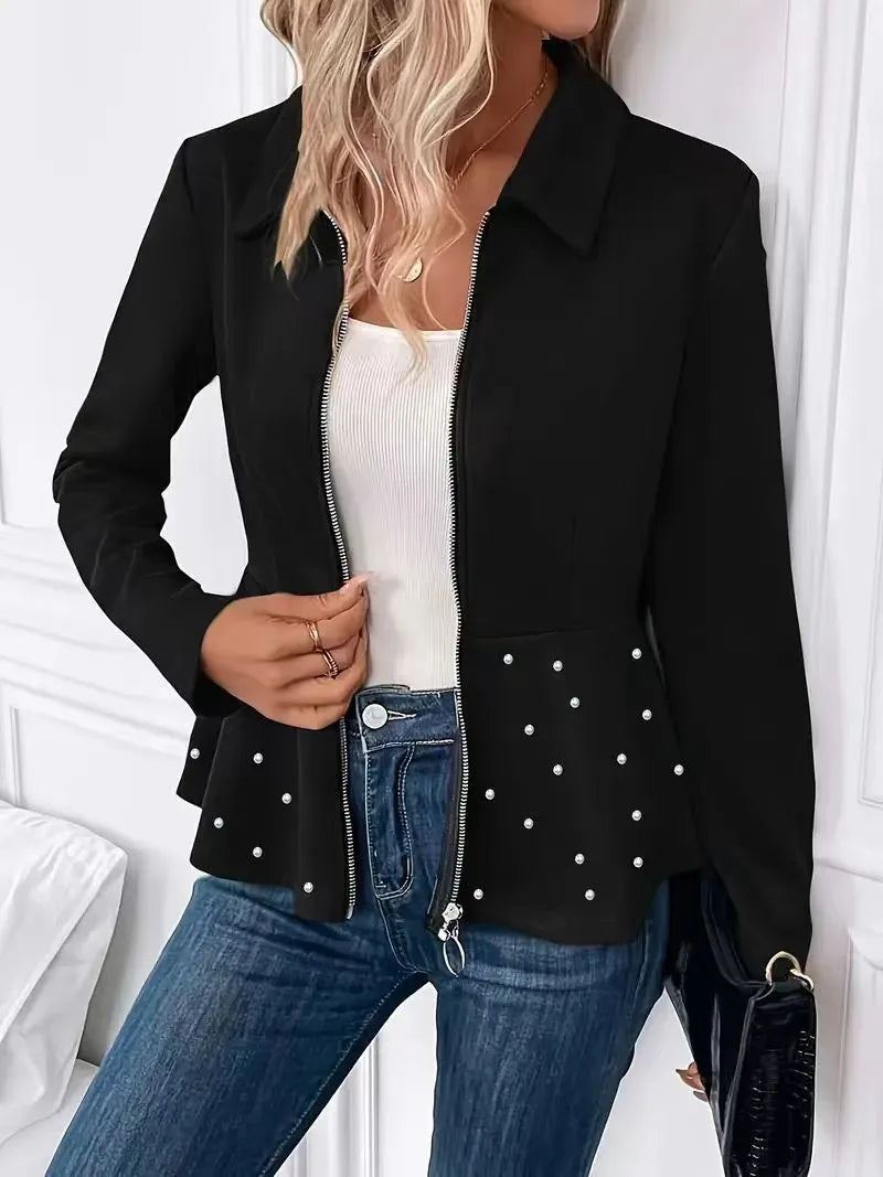 Women's black spandex coat with beaded heavy-duty zipper and ruffled hem detail