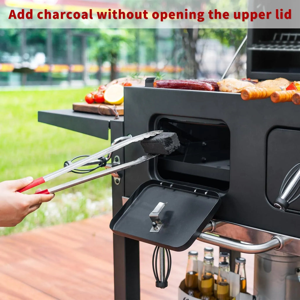 Extra large charcoal barbecue grill with foldable side tables and black metal body