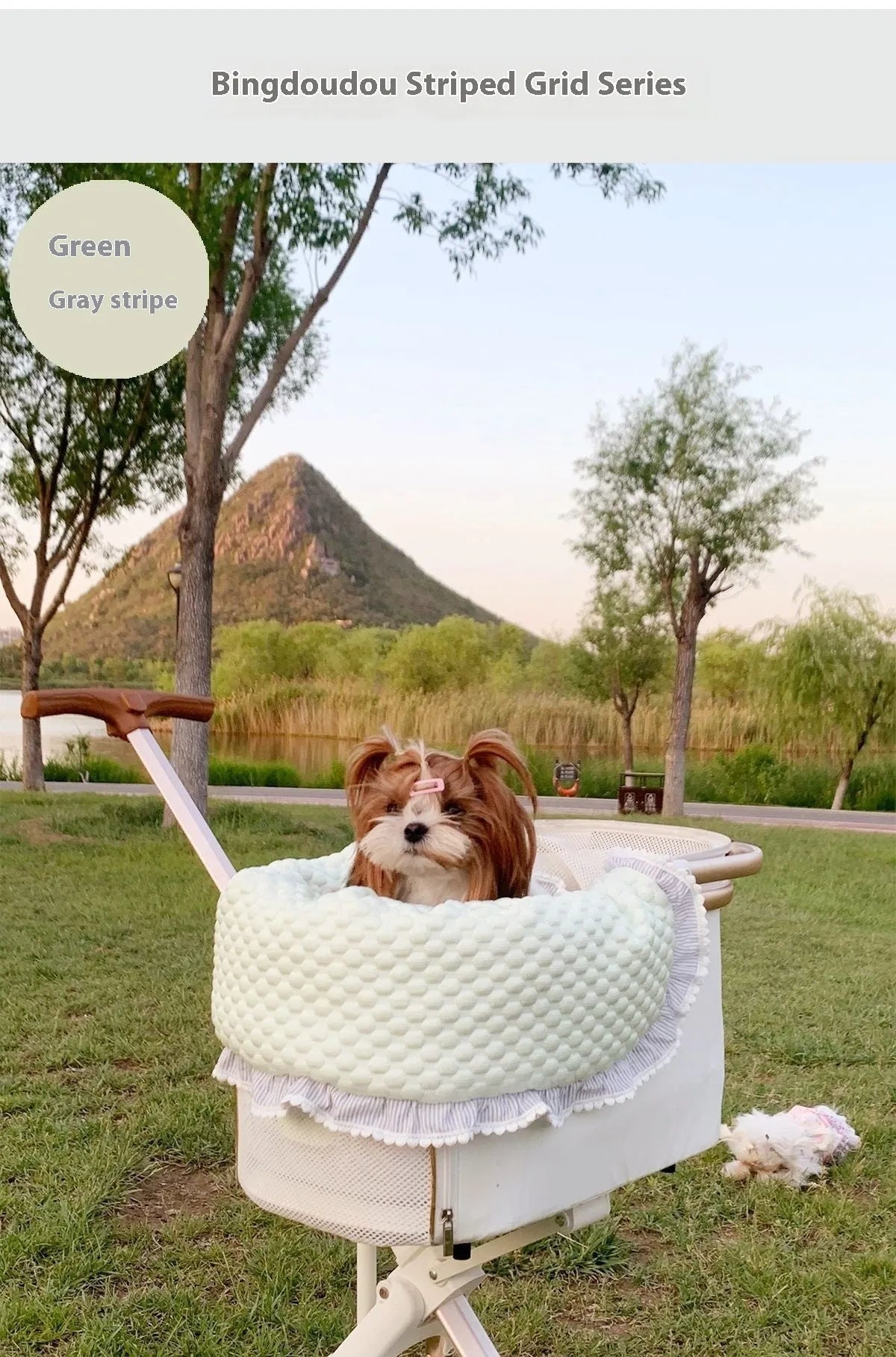 Removable pure cotton pet stroller set showing anti-dirty towel, cushion, and pillow in a floral pattern.