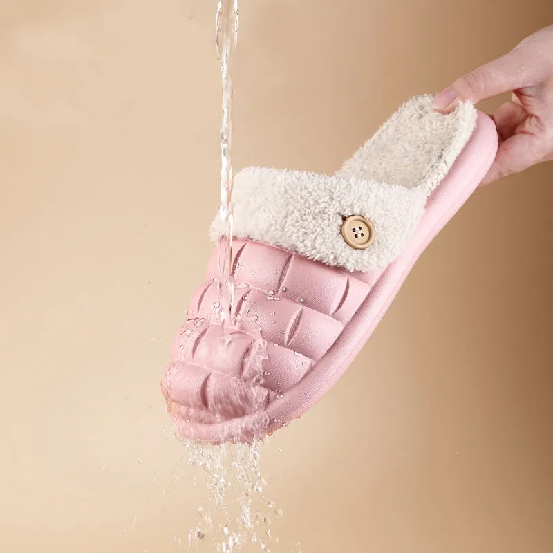 Detachable EVA slippers with plush lining in multiple colours showing round toe and flat heel design