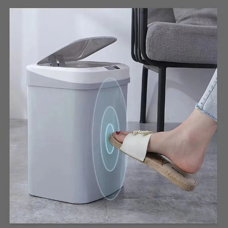 Black smart induction trash can with lid for kitchen or bathroom use