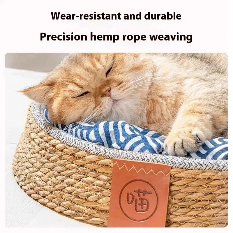 A woven rattan cat nest bed for pets, shown in one of four available sizes.