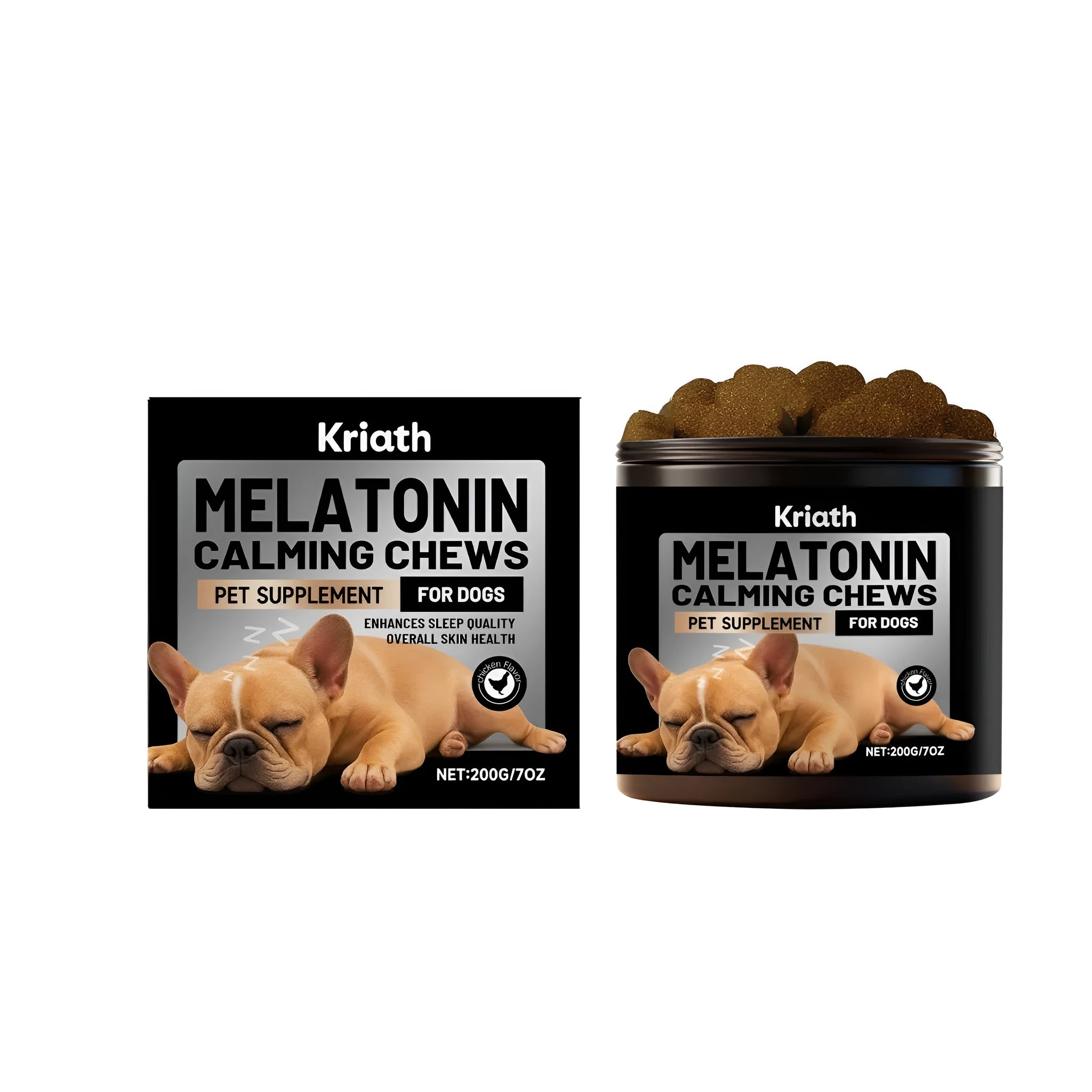 Dog Melatonin Soft Granules 200g chicken-flavoured calming supplement tub