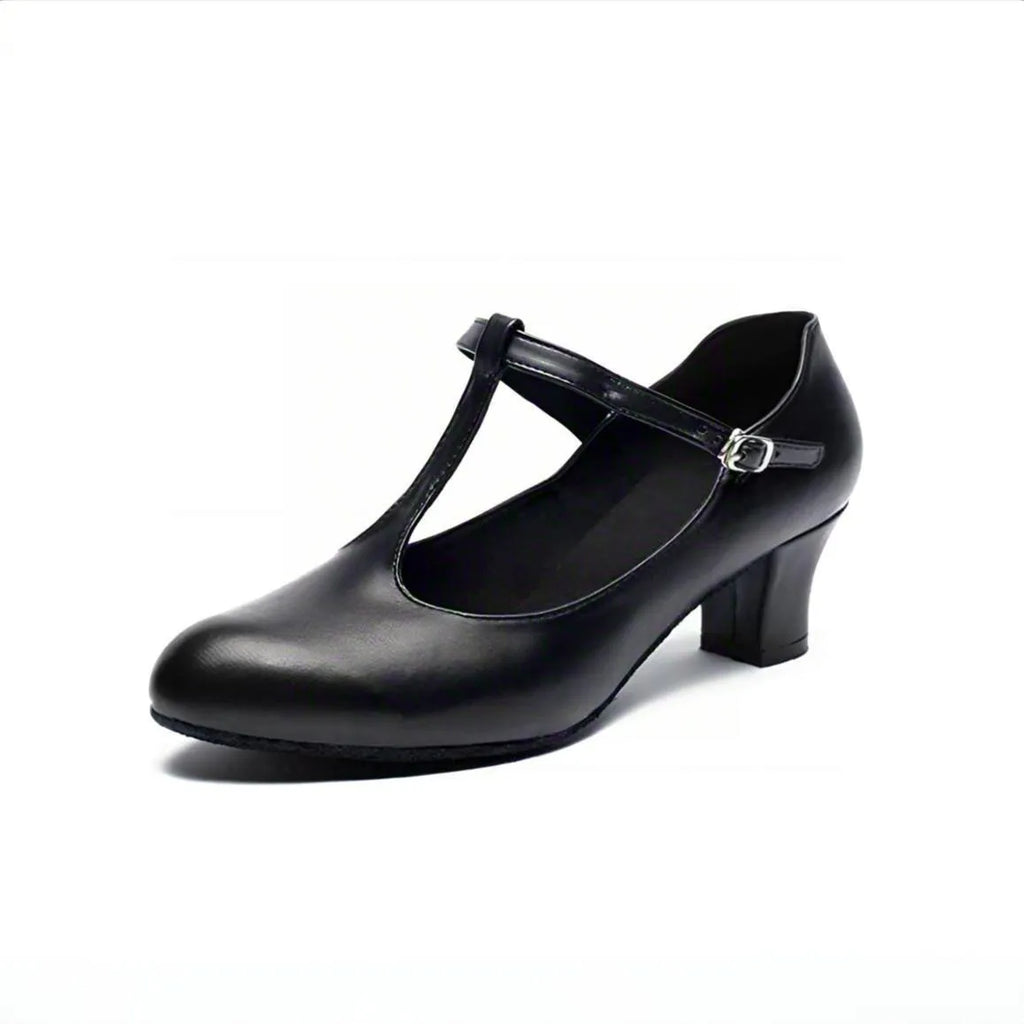 Leather Latin dance shoes for women in black T-shape soft sole design