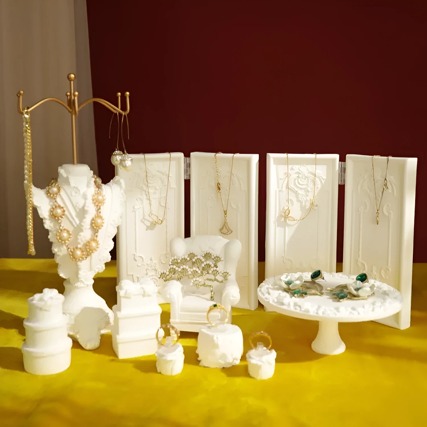 White plaster gypsum jewelry display stand with three layers and retro shape for necklace photography