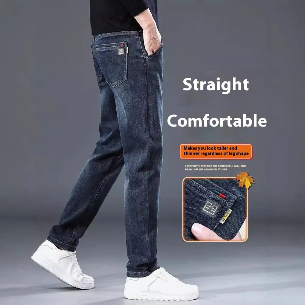 Men's slim straight casual trousers in polyester fabric with micro elasticity and zipper fly