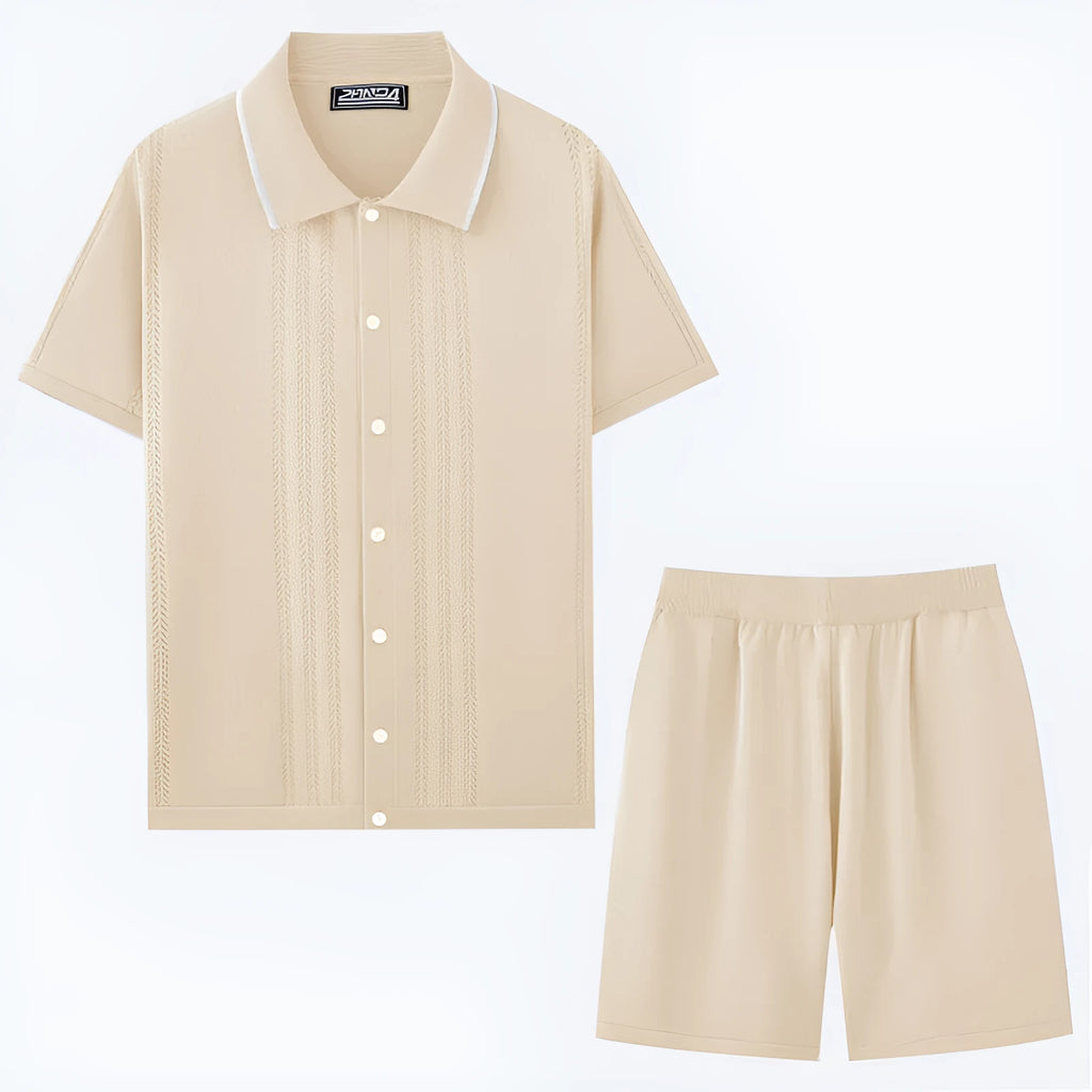 Men's khaki Tencel two-piece sweater set with short sleeve top and matching shorts for business casual leisure wear