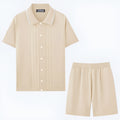 Men's khaki Tencel two-piece sweater set with short sleeve top and matching shorts for business casual leisure wear