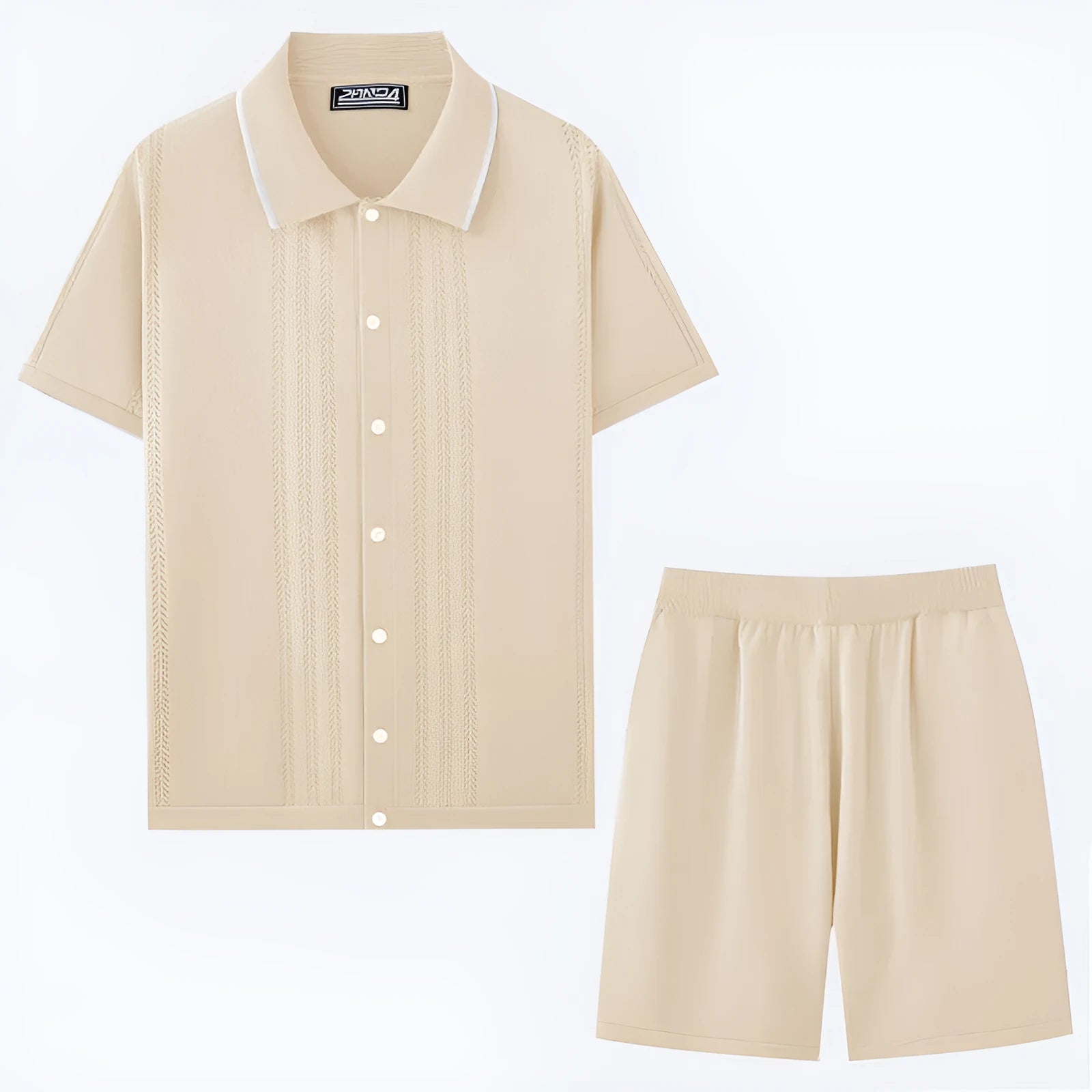 Men's khaki Tencel two-piece sweater set with short sleeve top and matching shorts for business casual leisure wear