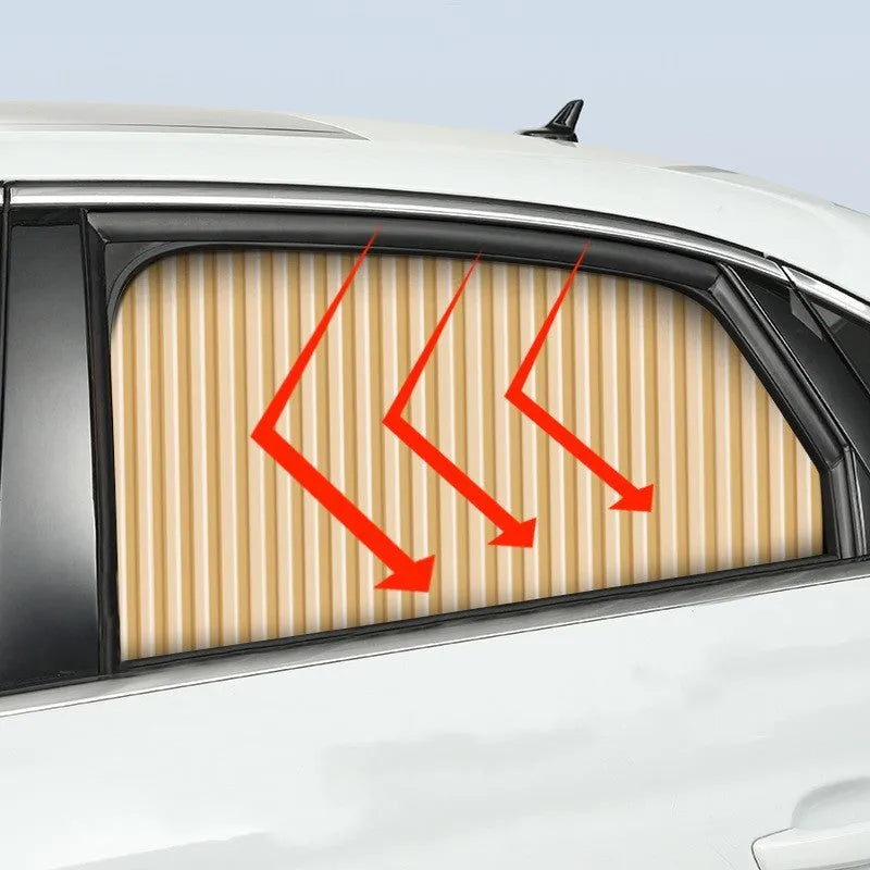 Auto-retractable roller shutter car sunshade curtain in thick opaque cloth.