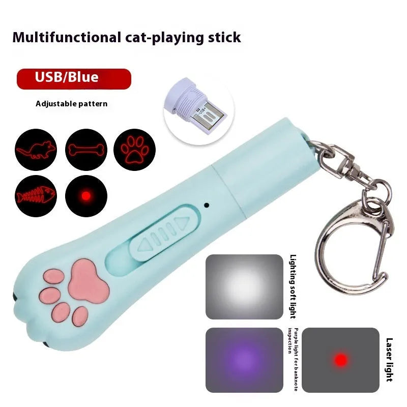 Rechargeable infrared cat teasing stick with moon-light lamp, showing blue colour and laser dot.