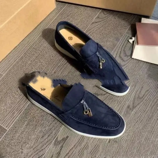 Gommino slip-on casual loafers with round toe, steel-head detail, and artificial PU upper