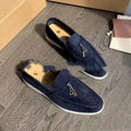 Gommino slip-on casual loafers with round toe, steel-head detail, and artificial PU upper