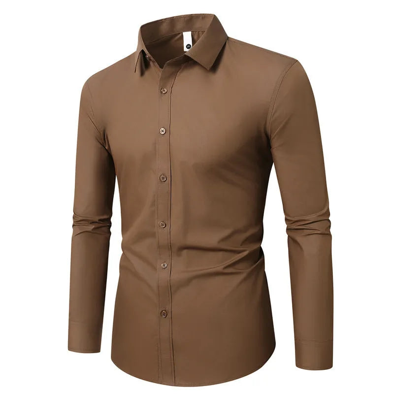 Linen long-sleeve loose fit slim shirt shown in a choice of colours including black, white, and navy blue.