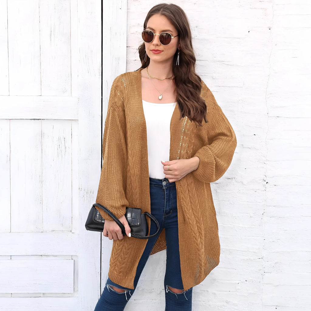 Women's loose casual acrylic sweater coat in army green, black, brown, light grey or rose red