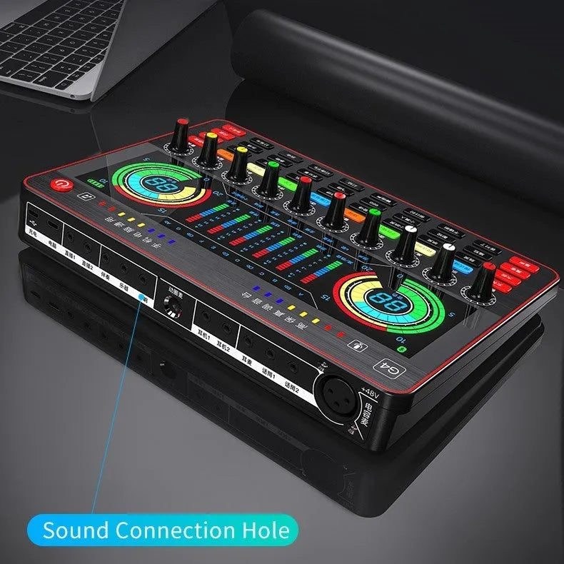 G4 professional sound card mixer with LCD display, microphone, remote control, and audio cables