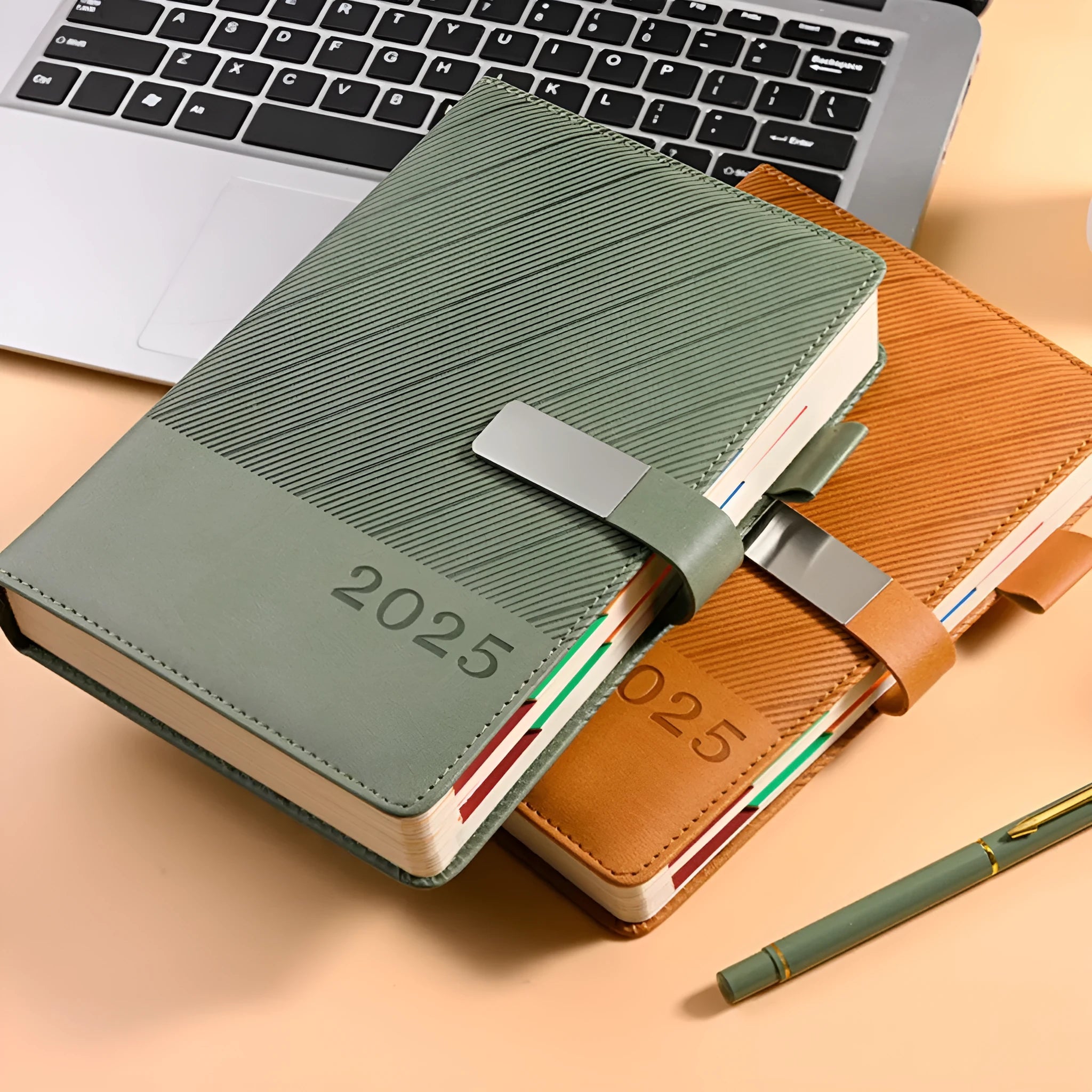 Business notepad with striped PU leather cover showing 408 pages of thickened wood-free paper