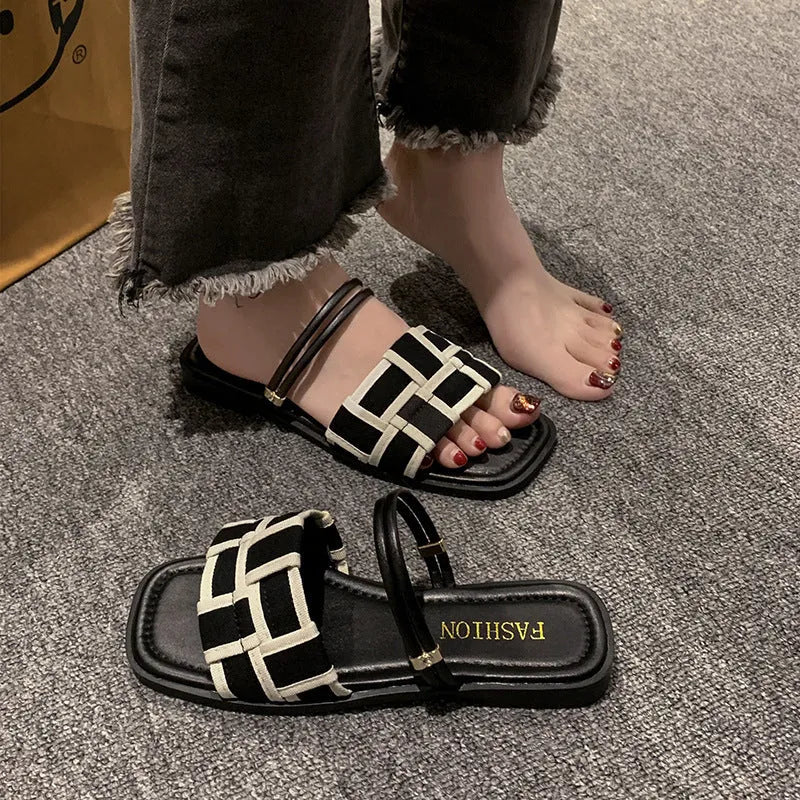 Women's square toe canvas check pattern flat sandals in beige with frosted finish, rubber sole, and leather lining