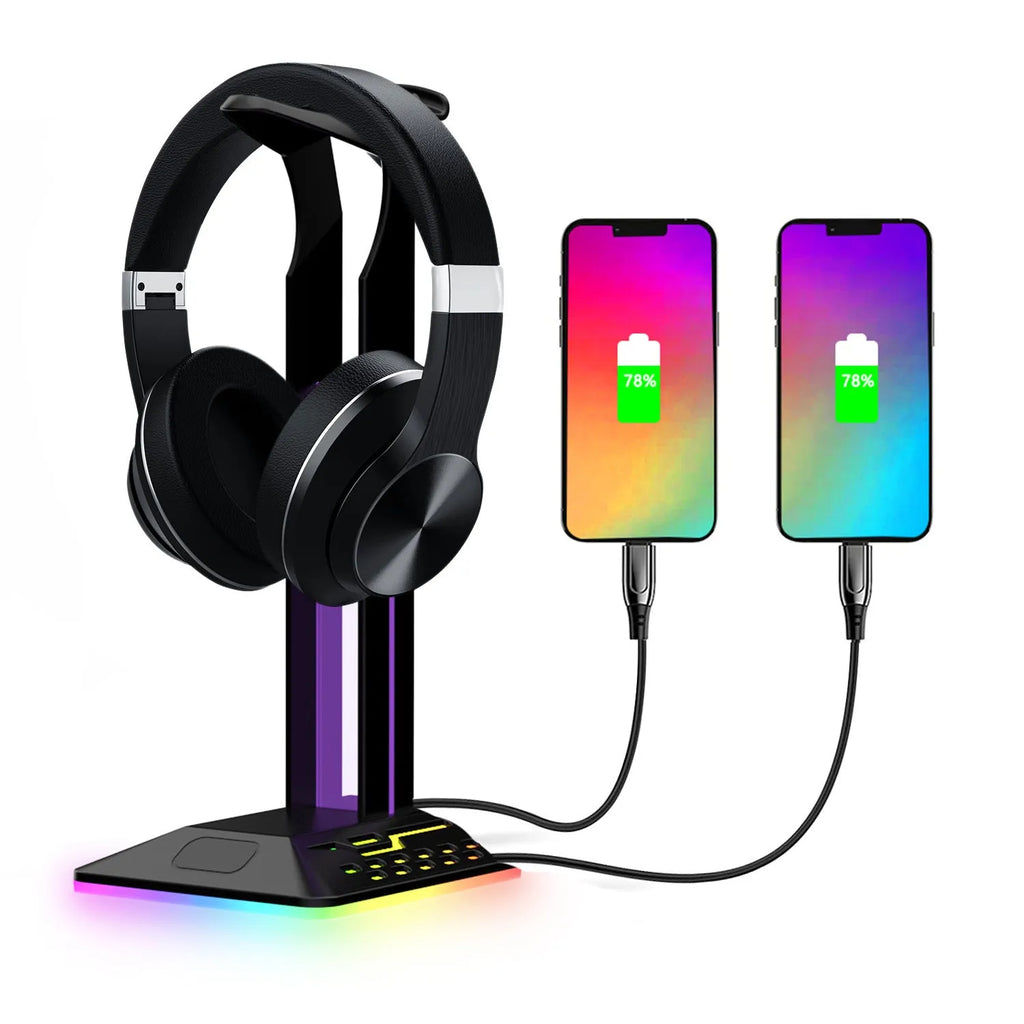 Acrylic RGB headset bracket with colour changing lights holding headphones, showing dual USB ports.