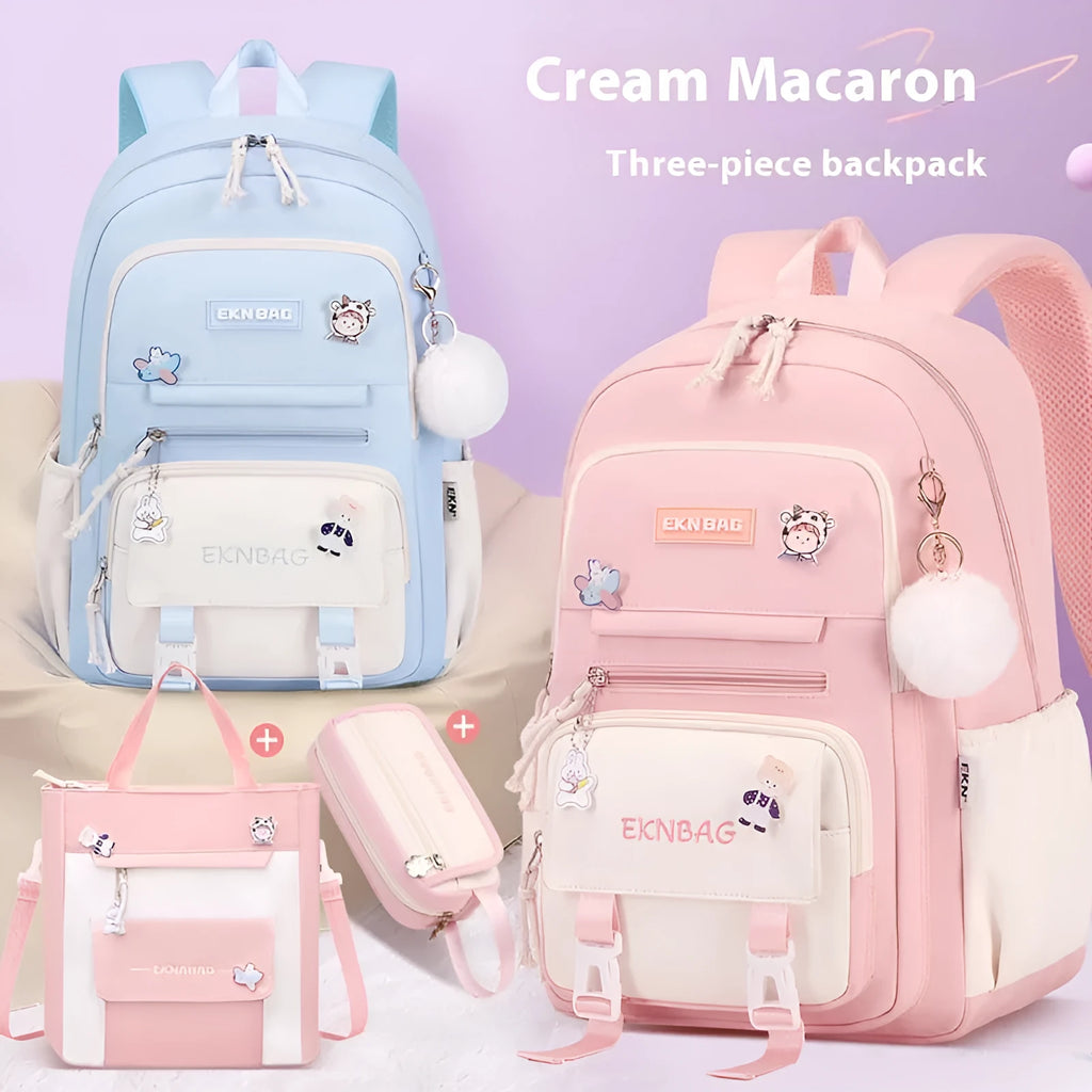 Pink waterproof school backpack for girls with curved shoulder straps, shown with matching pencil case.