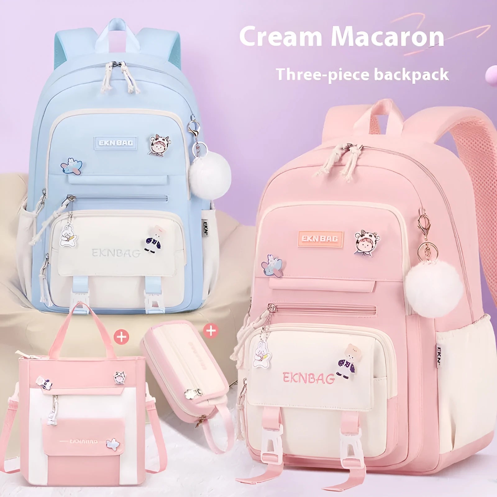 Pink waterproof school backpack for girls with curved shoulder straps, shown with matching pencil case.