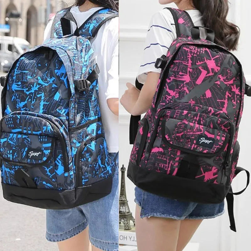 Classic blue nylon backpack with large main compartment and adjustable straps on a plain background.