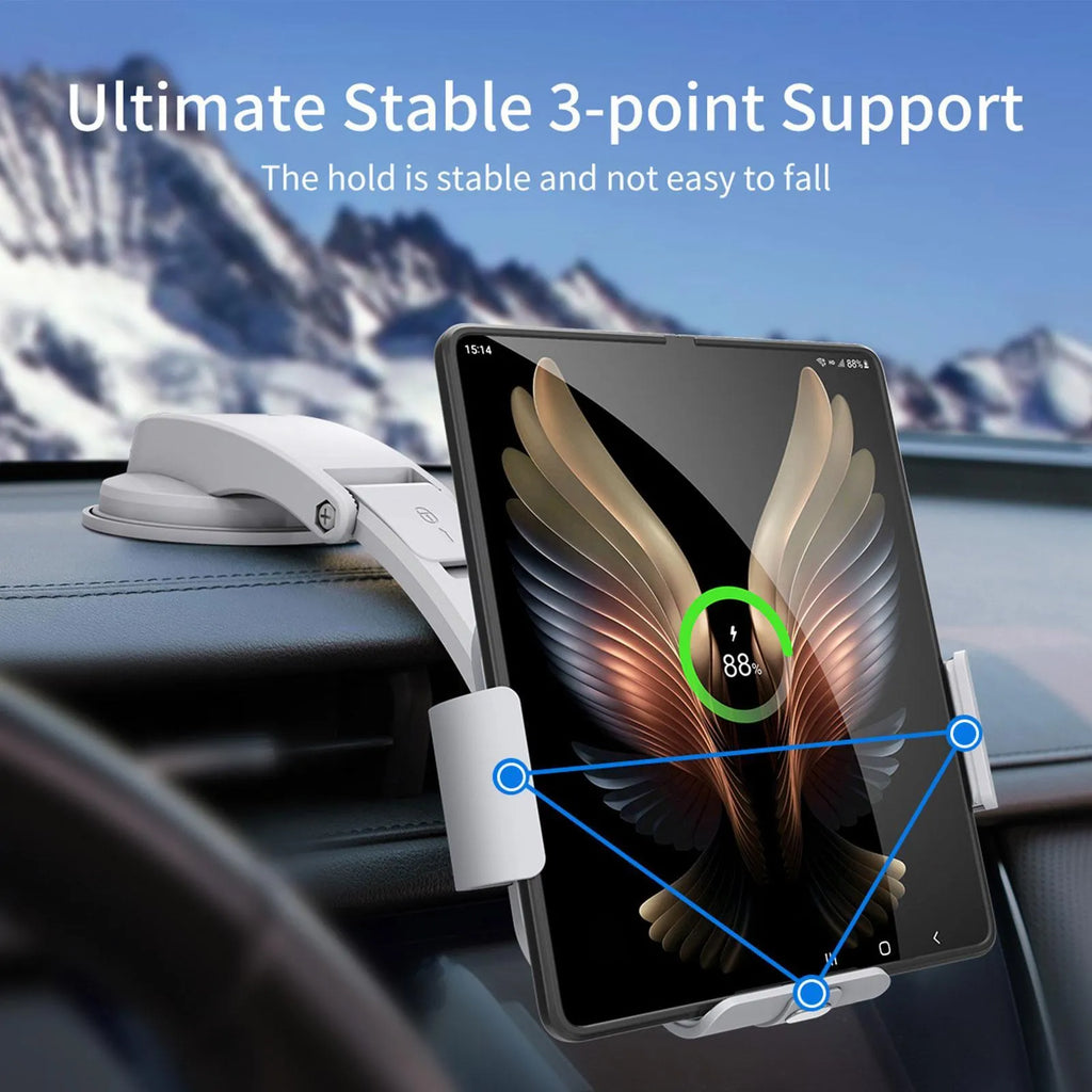 Grey wireless charging car phone holder with folding screen, showing air conditioner clip and suction cup mounting options