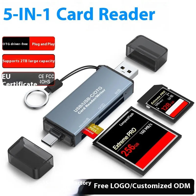 Silver aluminium alloy CF SD TF three-in-one USB card reader with USB Type-C adapter.
