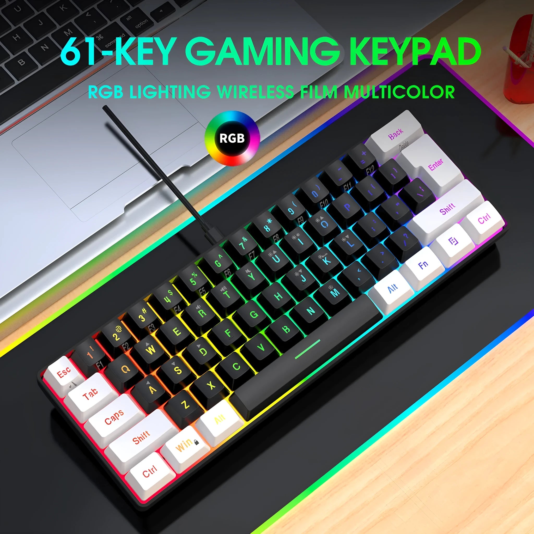 Simple wired 61 key membrane keyboard in white and black colour with compact design