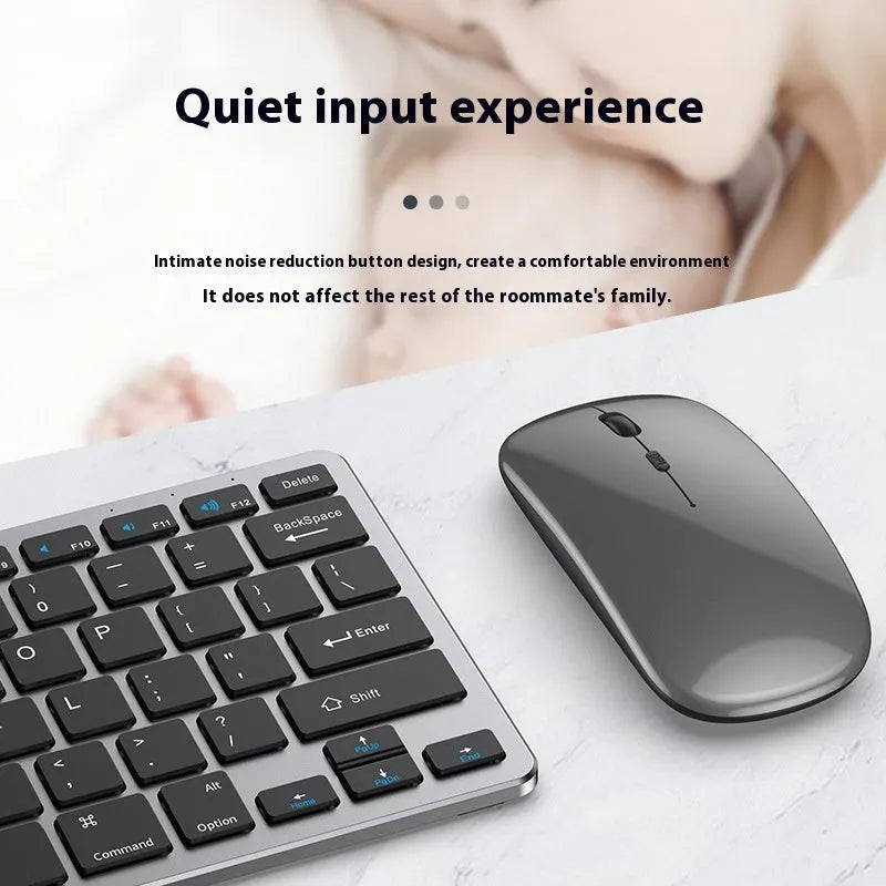 Ultra-thin wireless keyboard and silent mouse set in black, gun metal, or silver with Bluetooth and 2.4GHz connectivity