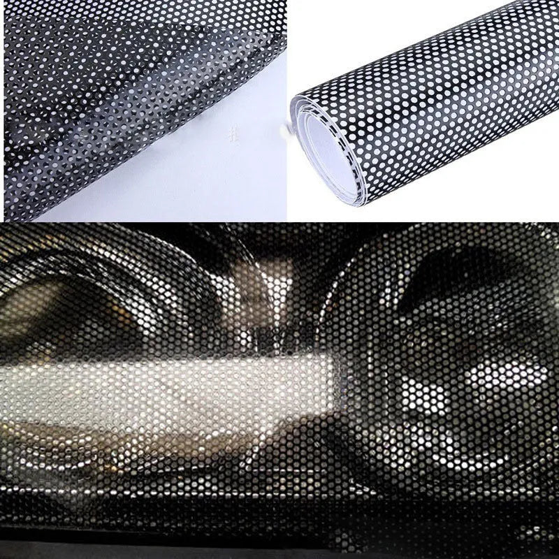 Perforated plastic automotive colour changing film showing mesh pattern with 30x106cm dimensions
