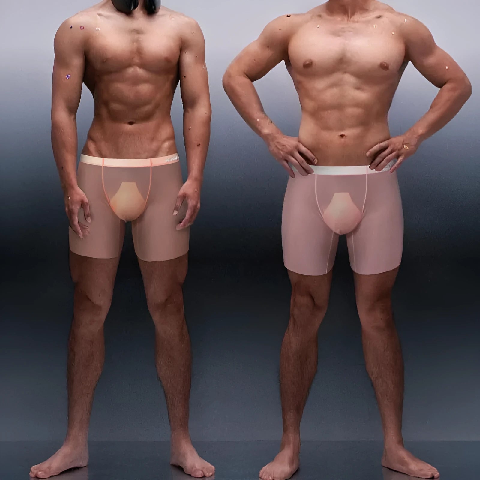 Men's orange seamless nylon sports boxers with low-rise waist on a grey background